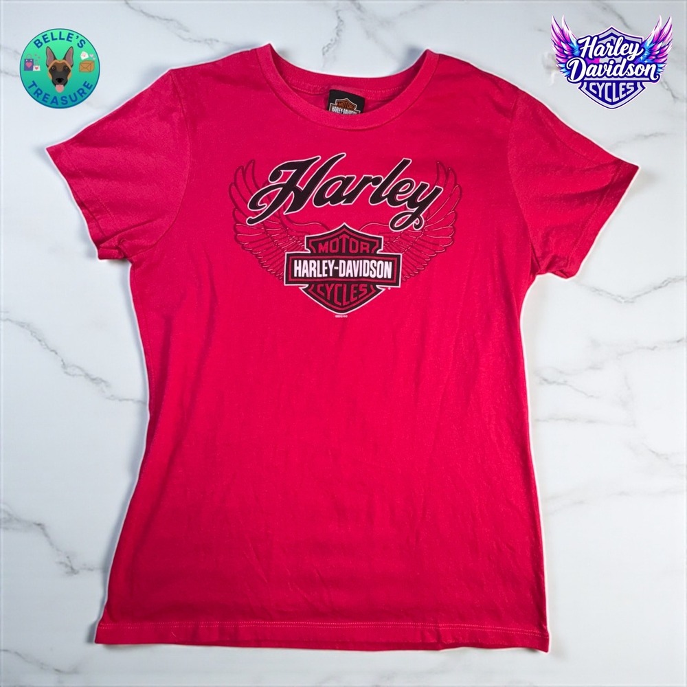 Harley Davidson Shirt Womens Large Pink Short Sleeve Top Tee Y2K Wings‎ baby tee